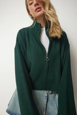 Štěstí İstanbul Dámské Smaragdově zelené Pletené zboží na zip Cardigan