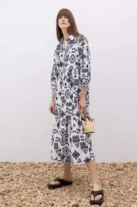 DEFACTO Košilový límec Froté bavlněné maxi šaty s krátkým rukávem