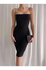 64500 Dewberry Thin Strap Draped Midi Evening Dress-BLACK