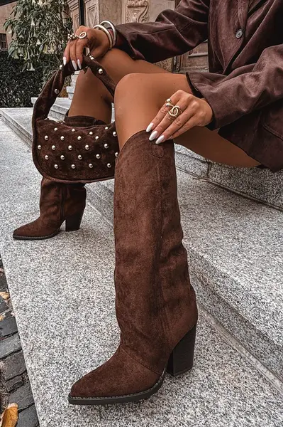 Boto Zateplené kovbojky na podpatku z ekologického semiše hnědé Mavine