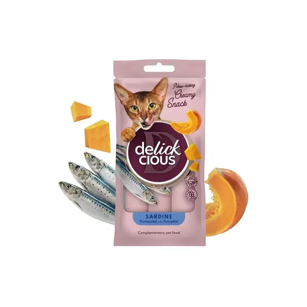 DELICKCIOUS™. Krémové pochúťky – sardinka s tekvicou. Pre mačky 4x15 g (1636)