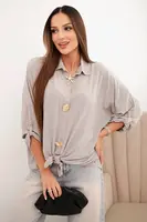 Kesi Włoski Dámská košile s viskózou a ozdobnými knoflíky a límečkem tmavě béžová