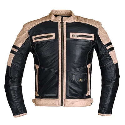 Pánská kožená bunda W-TEC Esbiker černá s béžovými pruhy 4XL