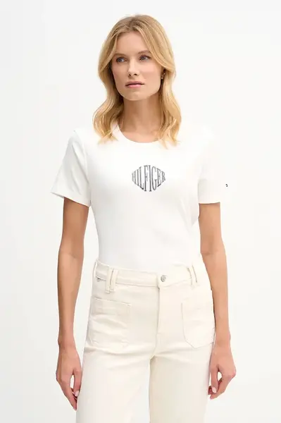 Bavlněné tričko Tommy Hilfiger dámské, béžová barva, WW0WW47880