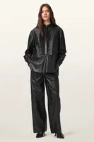 Kožené kalhoty AllSaints ASH dámské, černá barva, široké, high waist, W028TD