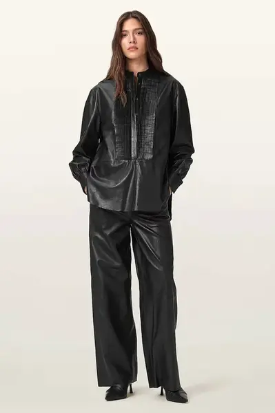 Kožené kalhoty AllSaints ASH dámské, černá barva, široké, high waist, W028TD