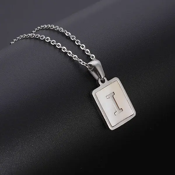 Rectangle Stainless Steel Pave Natural White Shell Pendant Necklaces