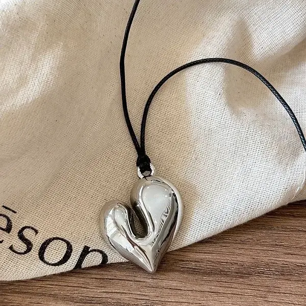 Heart Alloy Pendant Black Waxed Cord Necklaces