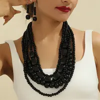 Wood Beaded Multilayer Necklaces & Dangle Earrings Sets
