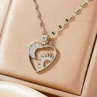 Gorgeous Brass Micro Pave Clear Cubic Zirconia Heart with Moon Sun Pendant Elegant Fashion Necklaces