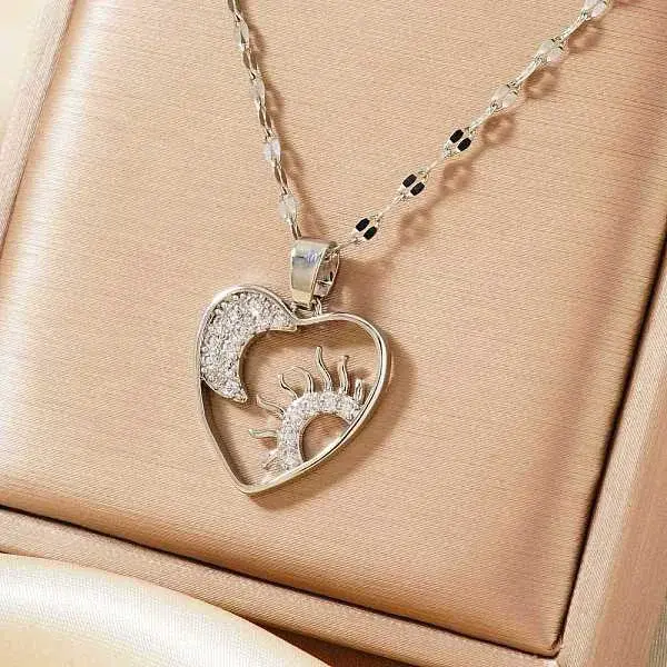 Gorgeous Brass Micro Pave Clear Cubic Zirconia Heart with Moon Sun Pendant Elegant Fashion Necklaces