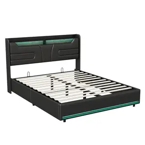 ČALOUNĚNÁ postel 140x200 cm, s LED čelem, USB, lamelový rošt, černá