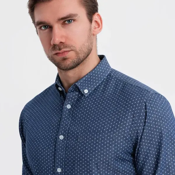 Ombre Men's patterned thin denim shirt with pocket - blue