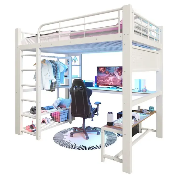 CHICFURN VYVÝŠENÁ POSTEL 140/200 cm v bílé barvě s LED osvětlením, stolem a policemi