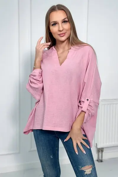 Bavlněná halenka s ohrnutými rukávy světle růžové barvy