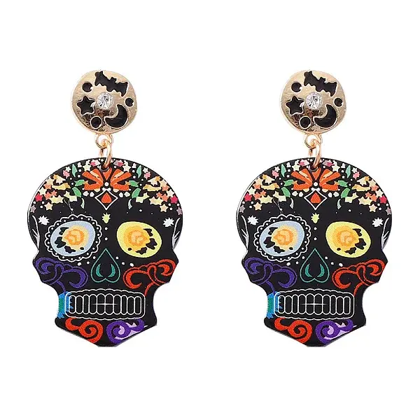 Halloween Printed Acrylic Skull Pendant Dangle Earrings for Women