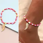 Alloy Wing Charm Glass Seed Beaded Stretch Anklets for Beach Party