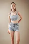 DEFACTO Crop Square Neck 100% Cotton Jean Blouse