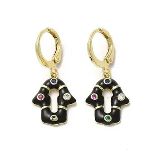 Hamsa Hand Golden Brass Dangle Hoop Earrings