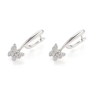 Brass Micro Pave Clear Cubic Zirconia Butterfly Hoop Earrings