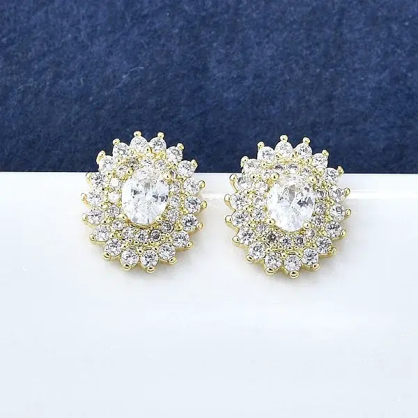 Brass Micro Pave Clear Cubic Zirconia Stud Earrings for Women