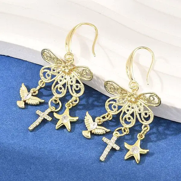 Cross with Bird & Starfish Brass Clear Cubic Zirconia Dangle Earrings