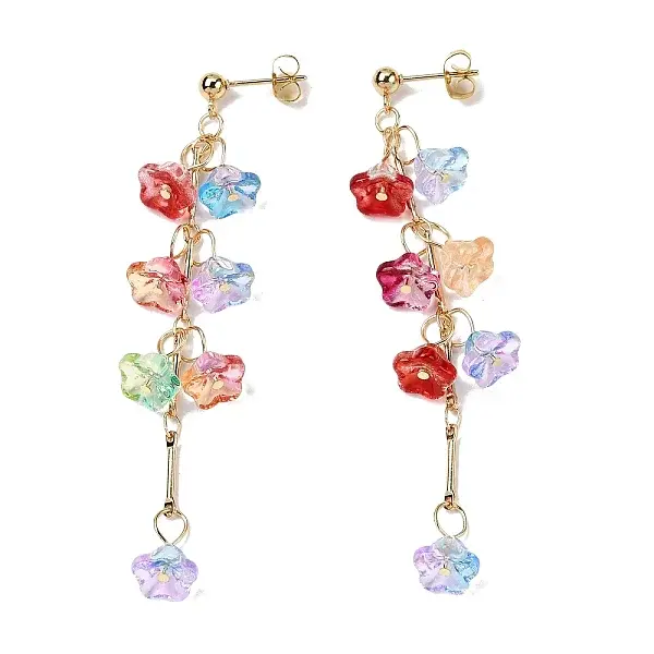 Brass Glass Beads Flower Dangle Stud Earrings