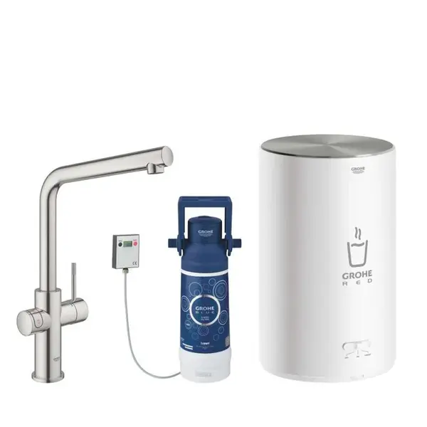 Grohe Red - Dřezová baterie Duo s ohřevem vody a filtrací, zásobník M, supersteel 30327DC1