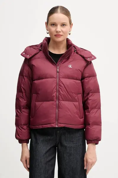 Péřová bunda Calvin Klein Jeans vínová barva, zimní, oversize, LV047D501G