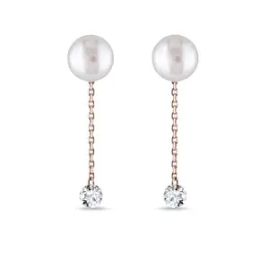 Perlové visací náušnice 2v1 s diamanty v růžovém 14k zlatě KLENOTA
