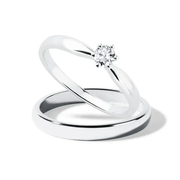 Set svatebních prstenů v lesku v bílém 14k zlatě KLENOTA