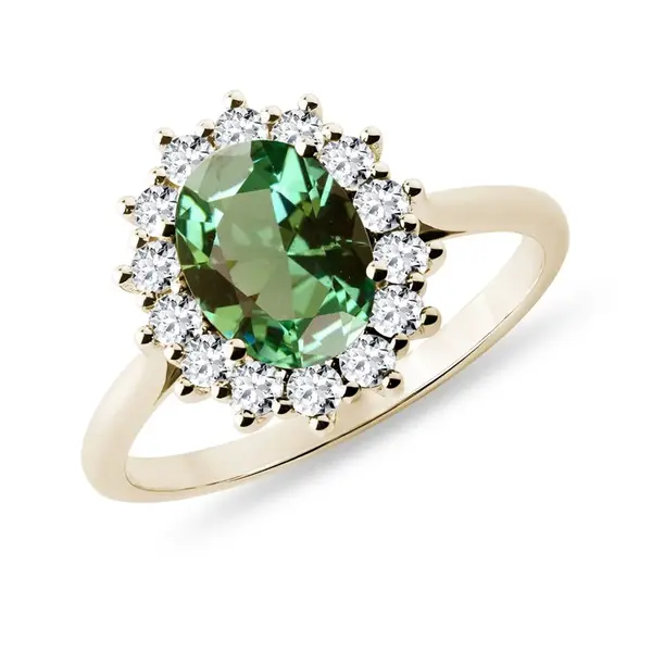 Zlatý prsteň so zeleným turmalínom a briliantmi KLENOTA