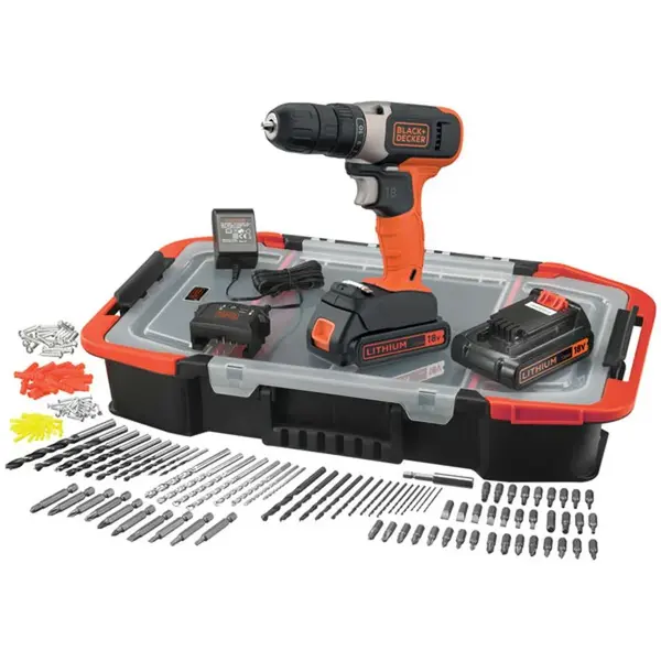 BLACK+DECKER Náradie - 18V AKU vŕtací skrutkovač s príslušenstvom, 2x aku 1,5 Ah Li-Ion, nabíjačka BCD001BAST-QW