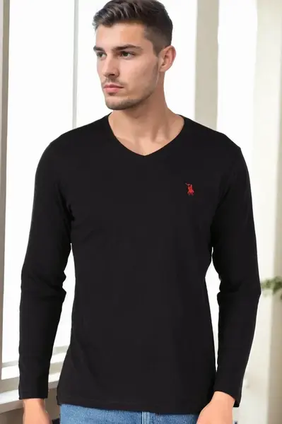 T9587 DEWBERRY V-NECK MEN'S LONG SLEEVE T-SHIRT-BLACK