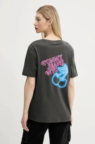 Bavlněné tričko Tommy Jeans dámské, šedá barva, DW0DW21358