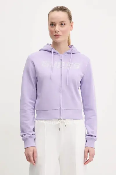 Bavlněná mikina Guess PRIMULA dámská, fialová barva, s kapucí, s aplikací, V5GQ10 KCRP0