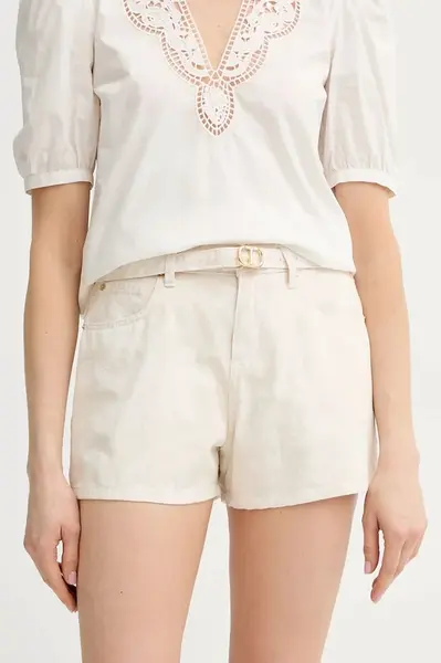 Bavlněné šortky Twinset dámské, béžová barva, high waist, 251TT2205