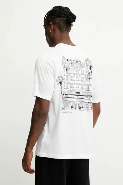 Bavlněné tričko Puma pánské, bílá barva, s potiskem, 629636