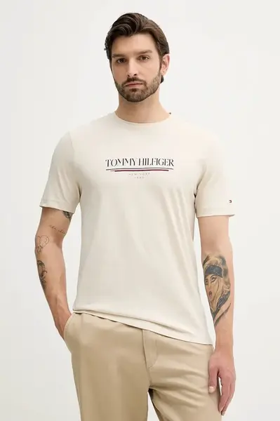 Bavlněné tričko Tommy Hilfiger pánské, béžová barva, s potiskem, MW0MW40324