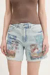 Džínové šortky Desigual INIDAN dámské, modrá barva, s potiskem, high waist, 25SWDD24