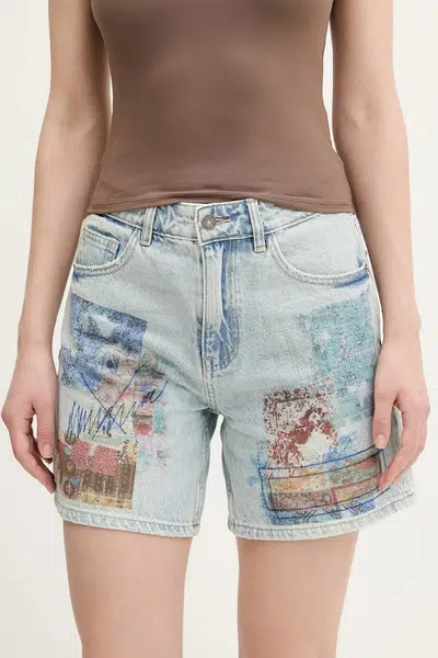 Džínové šortky Desigual INIDAN dámské, modrá barva, s potiskem, high waist, 25SWDD24