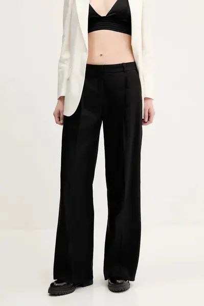 Lněné kalhoty HUGO dámské, černá barva, široké, high waist, 50537619