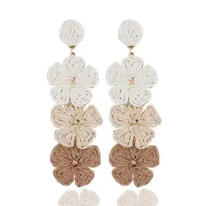 Flower Brass Raffia Dangle Stud Earrings