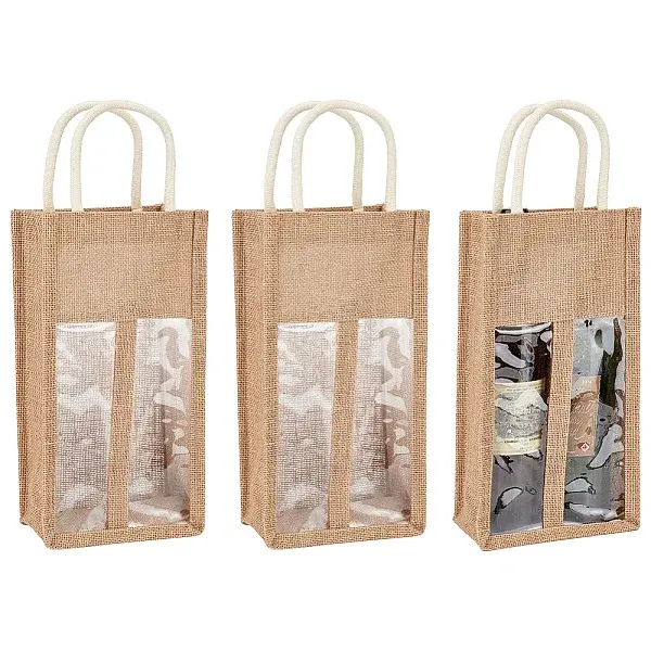 Jute Wine Storage Drawstring Pouches with PVC Clear Window