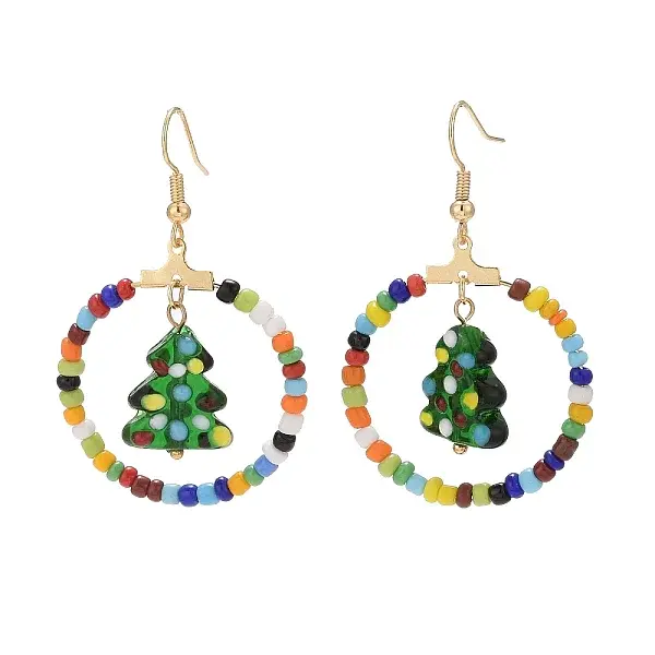 Glass Seed Beaded Ring with Lampwork Christmas Tree Dangle Earrings