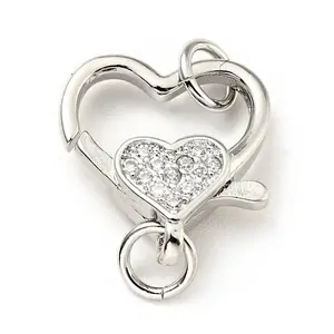 Brass Micro Pave Clear Cubic Zirconia Heart Lobster Claw Clasps