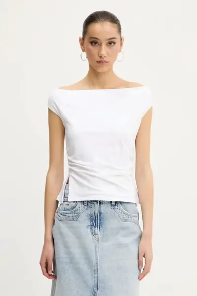 Tričko Abercrombie & Fitch bílá barva, španělský výstřih, KI139-5576