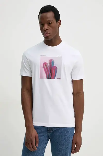 Bavlněné tričko BOSS Orange bílá barva, s potiskem, 50535079