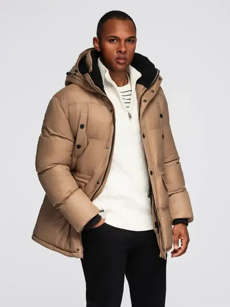 Ombre Men's long puffer jacket with snap pockets - brown