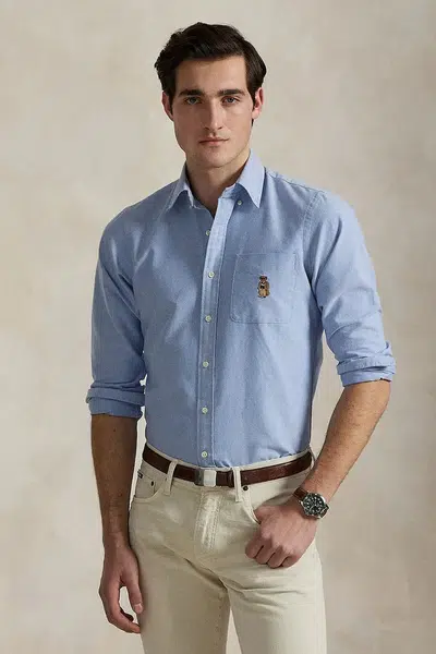 Bavlněná košile Polo Ralph Lauren pánská, modrá barva, regular, s klasickým límcem, 710974543